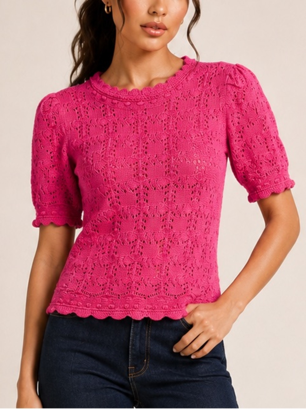 Anthropologie NWT Pointelle Hot Pink Knit Short Sleeve Sweater (Size S)